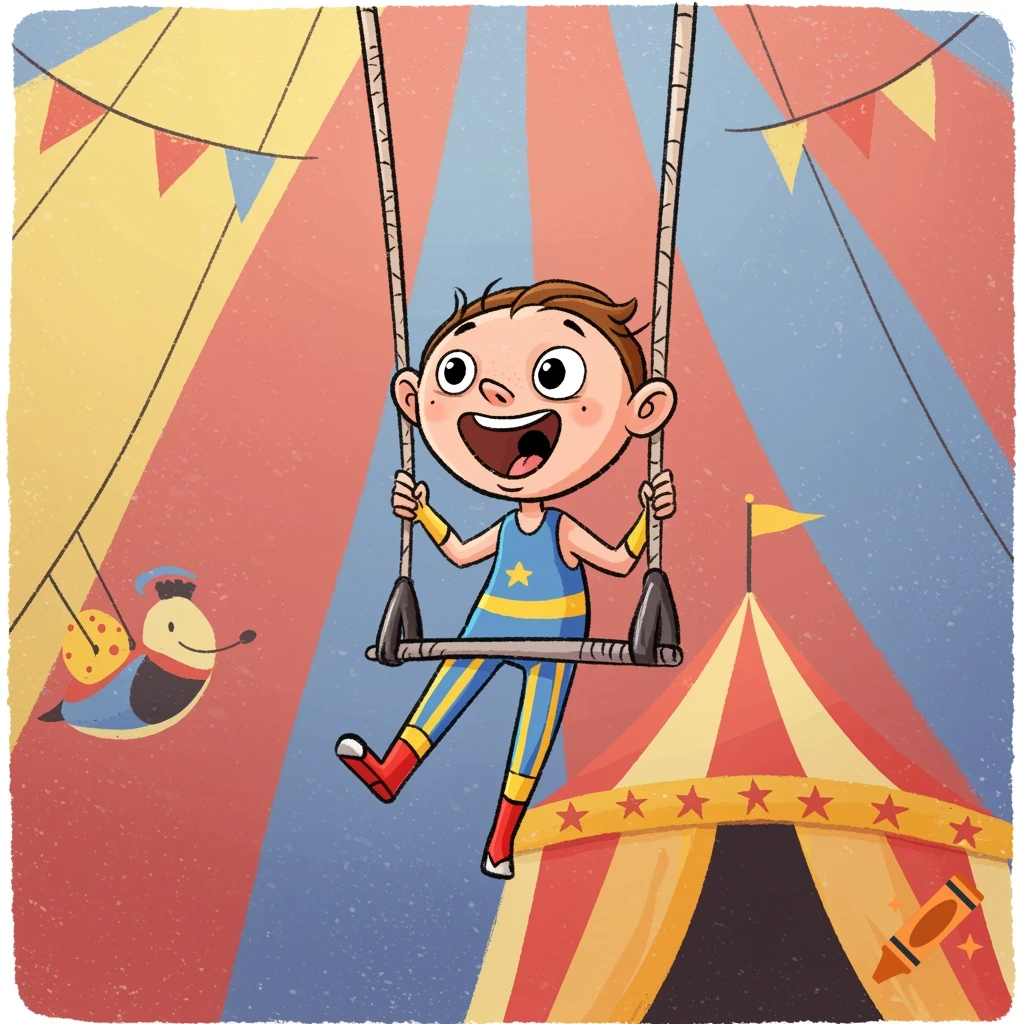 Cartoon illustration of a cheerful boy in a superhero costume swinging on a trapeze in a colorful circus tent.