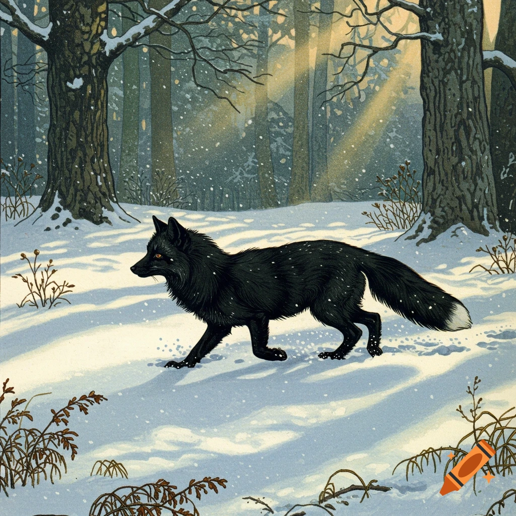A black fox runs through a snowy forest in an illustration style.
