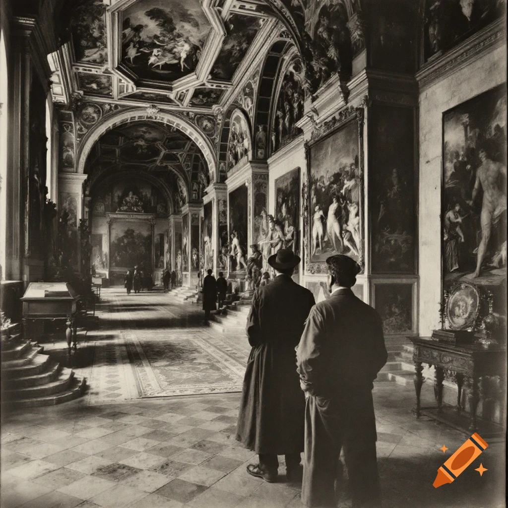 Two men view paintings in a grand, ornate church or gallery interior, captured in an antique photograph style.