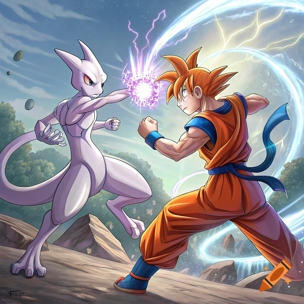 Mewtwo fights Goku in an anime illustration.