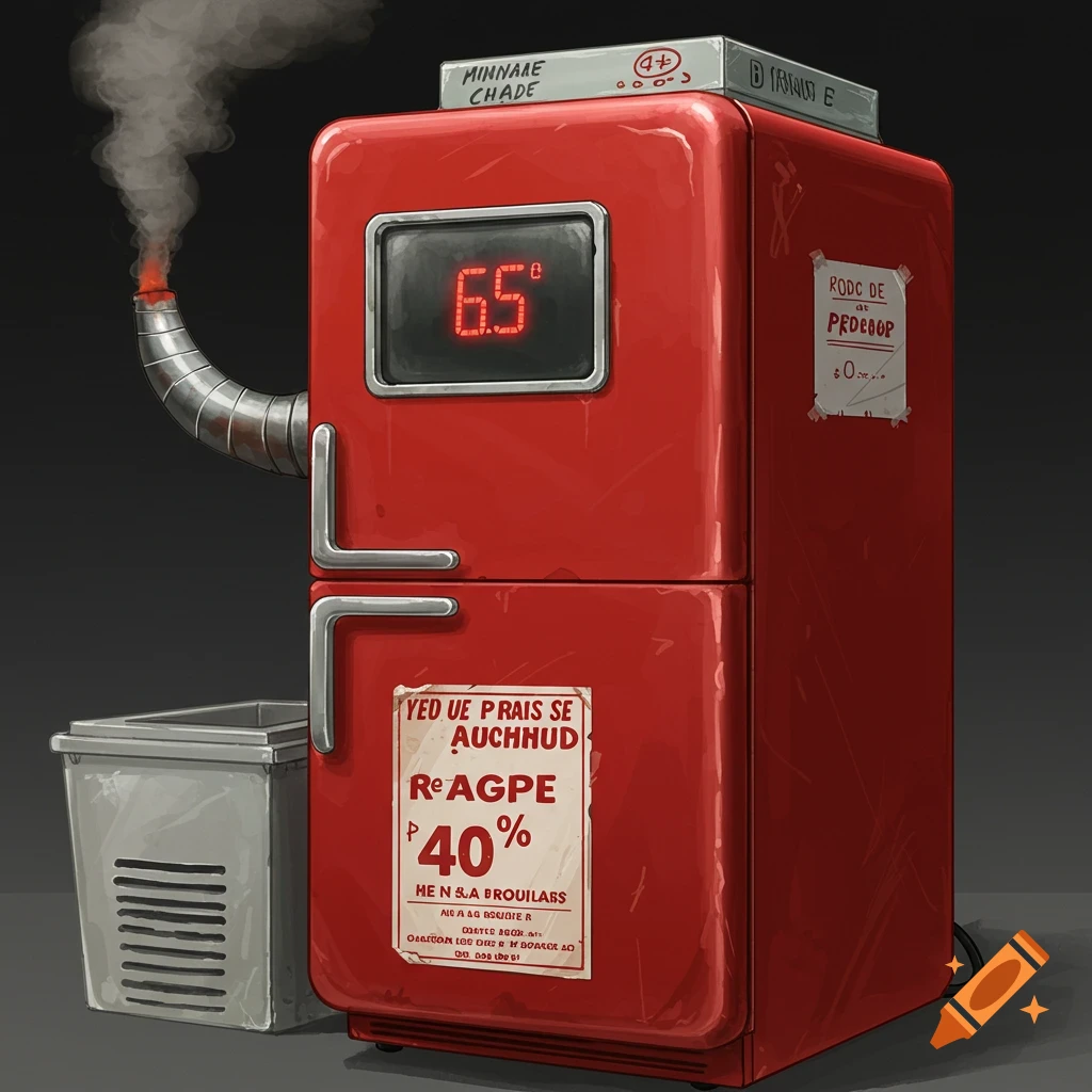 A surreal old red refrigerator with an exhaust pipe blowing black smoke, displaying 65 degrees on a screen and labels with incorrect text.