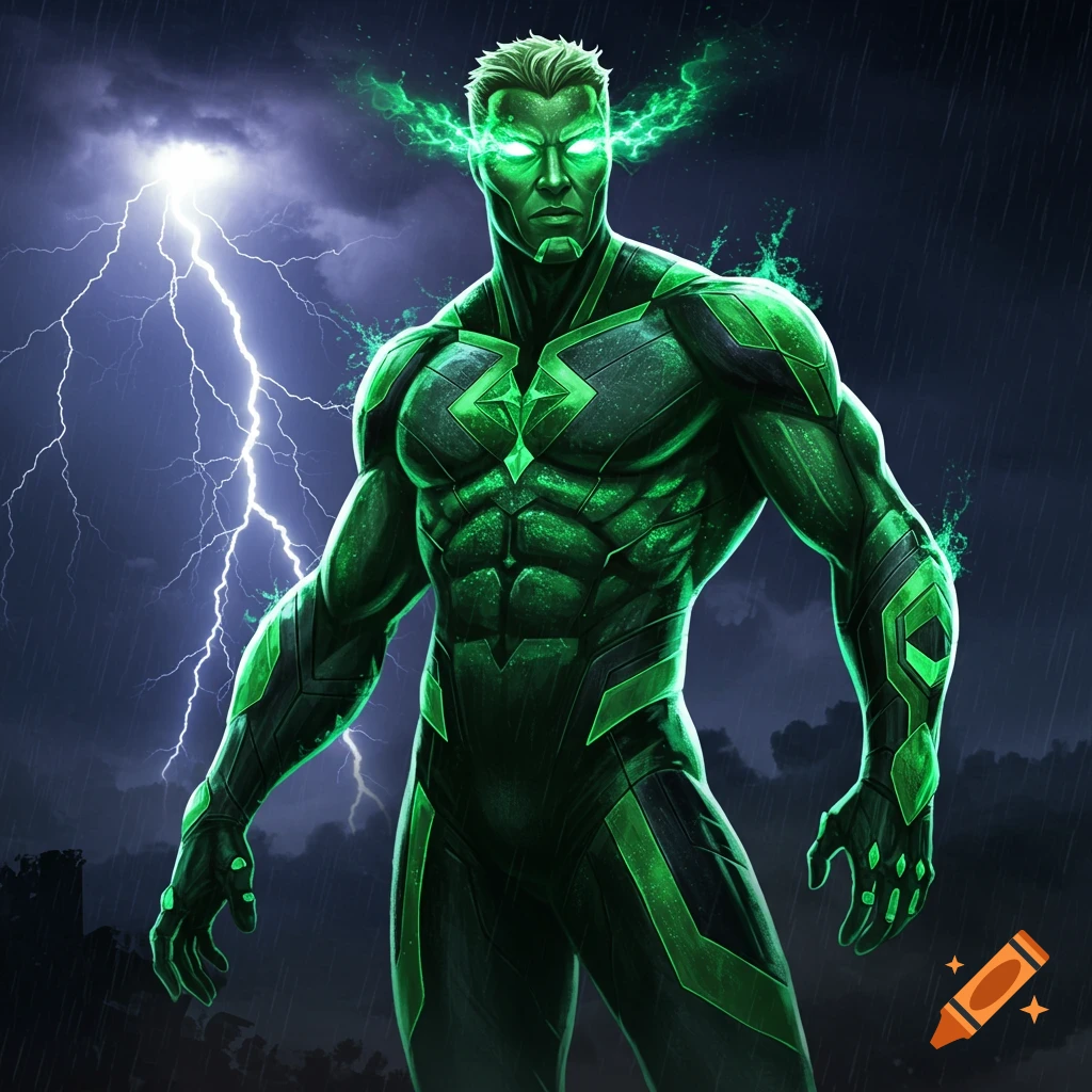 A green superhero with glowing eyes stands in the rain with lightning behind him, digital art.