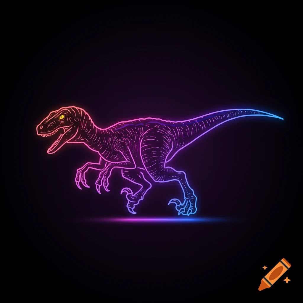 A neon outline illustration of a velociraptor running against a black background.