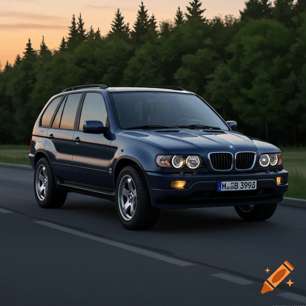 A dark blue BMW SUV drives on a road with trees and sunset in the background.