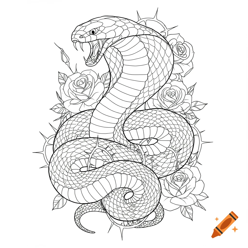 Line drawing of a coiled cobra with bared fangs surrounded by roses and thorns.
