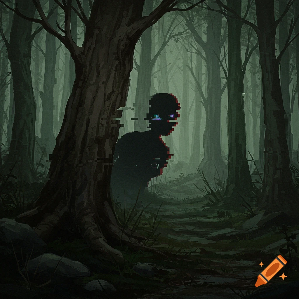 A pixelated shadow figure peering from behind a tree in a dark, misty forest.