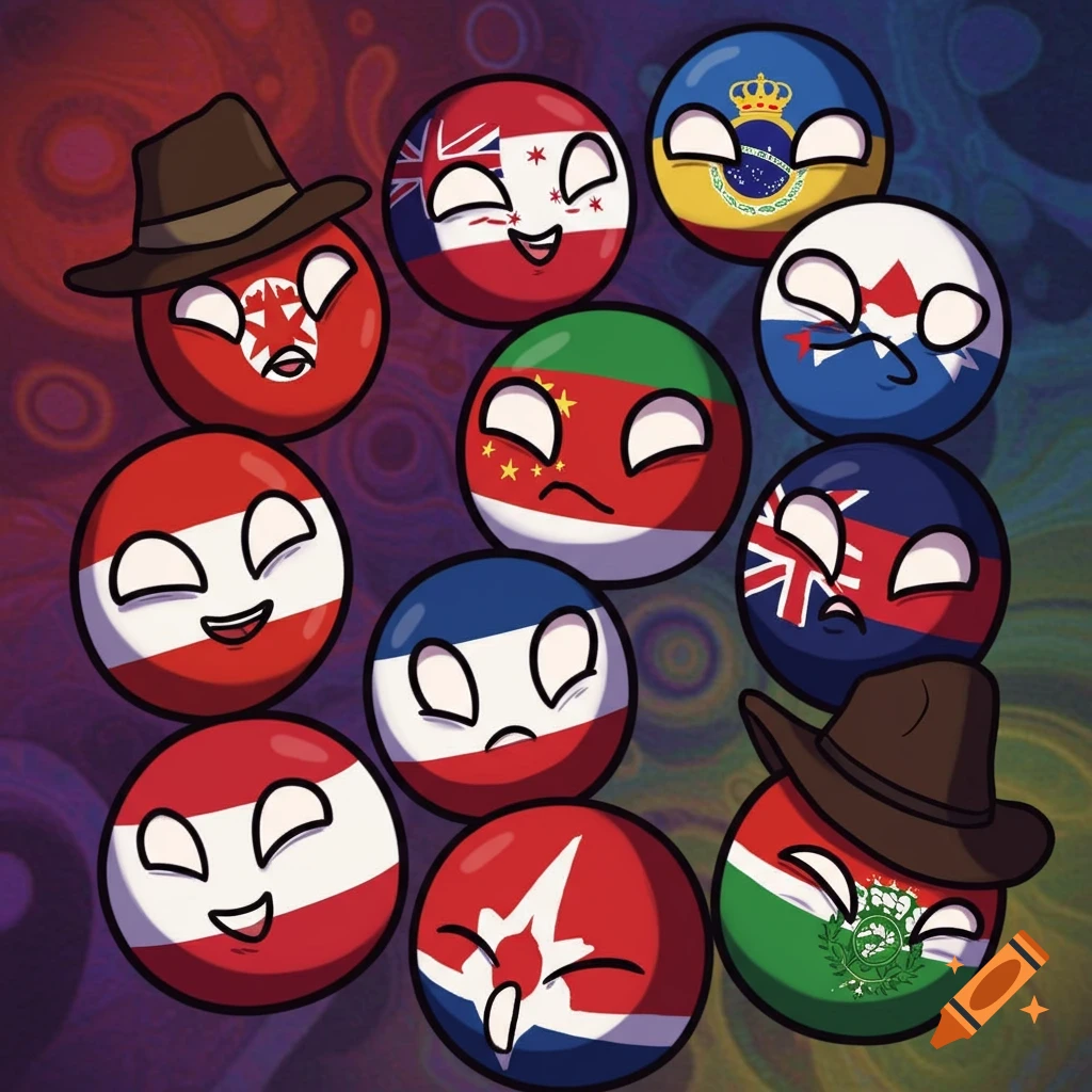 Cartoon countryballs with various flags and expressions on a colorful background.