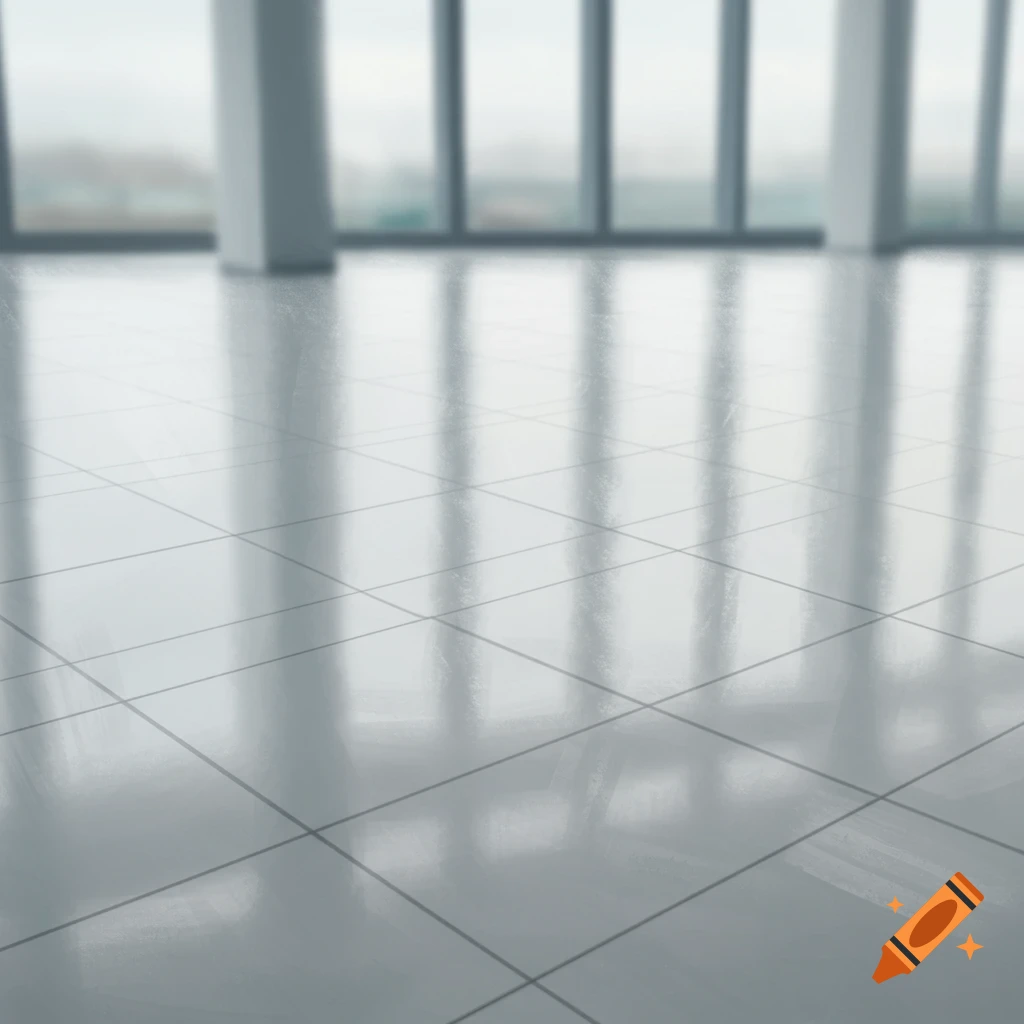 A clean, reflective tiled floor in an empty room with large windows.