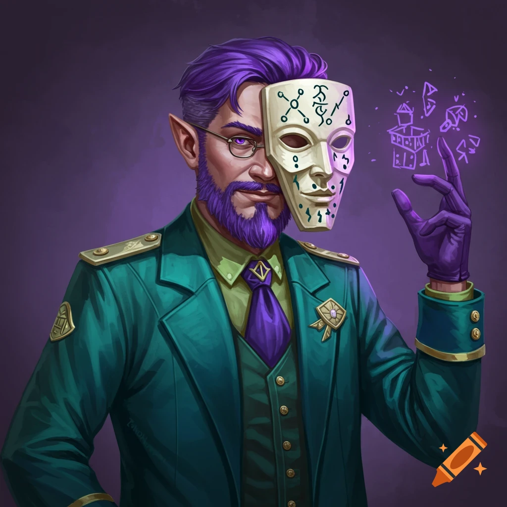 Painting of a fantasy character in a green suit holding a mask with magic glyphs, with glowing symbols.