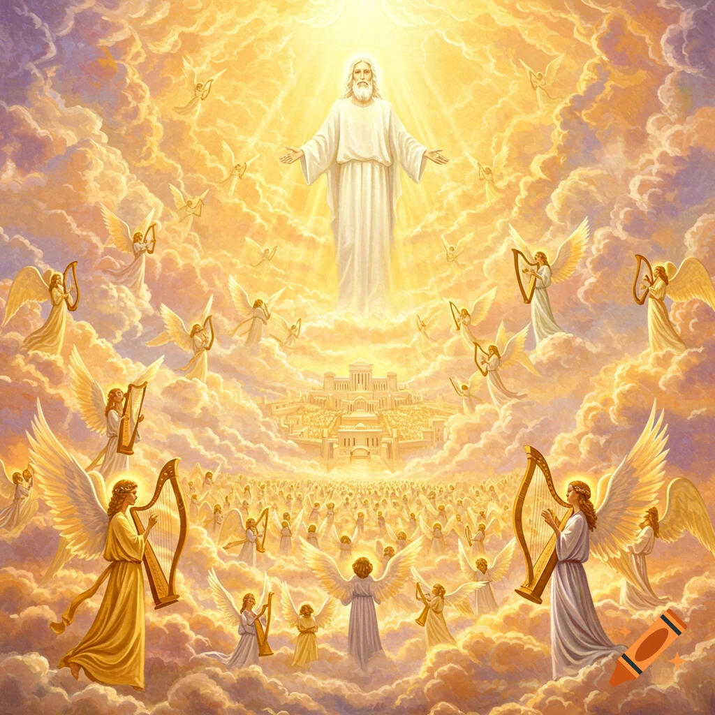 A radiant figure surrounded by angels playing harps on clouds above a golden city in heaven.