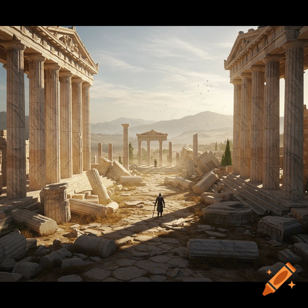 A figure walks through the sunlit ruins of an ancient Greek temple complex.