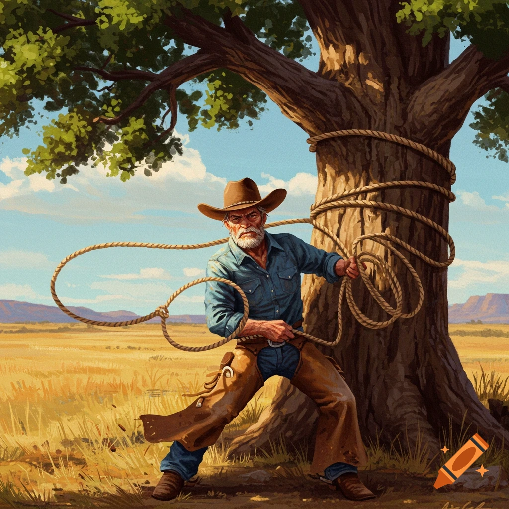 A cowboy is in a grassy field under a blue sky, and he is lassoing a large tree.