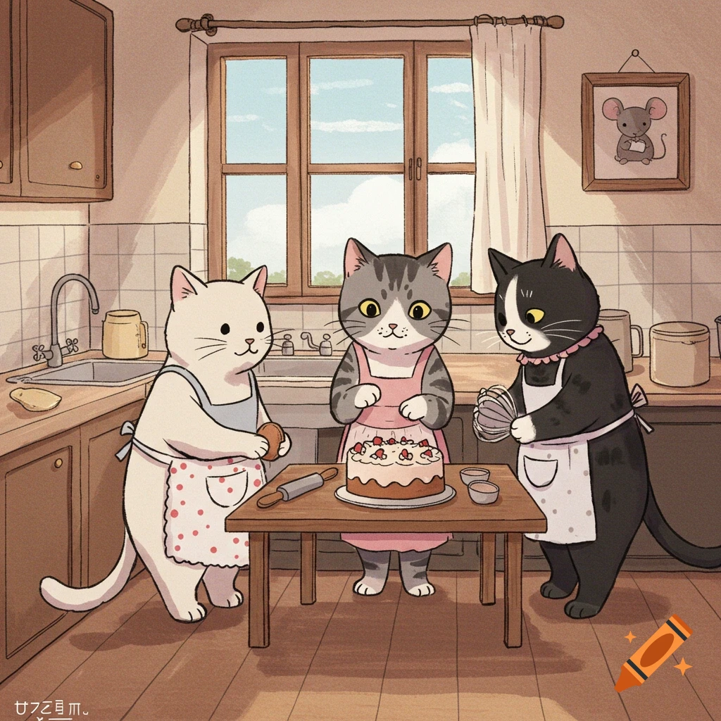 Three cartoon cats in aprons bake a cake in a cozy kitchen.