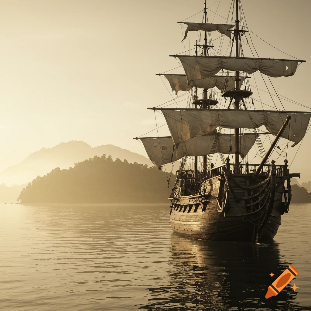 A large wooden pirate ship sails on calm, sepia-toned water towards a misty island.