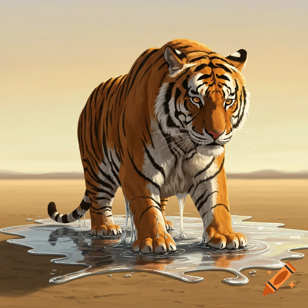 A tiger stands in a puddle of liquid in a desert landscape.