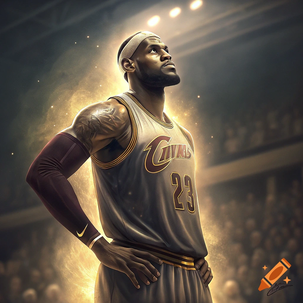Lebron James in a Cavaliers jersey with golden aura on a basketball court.