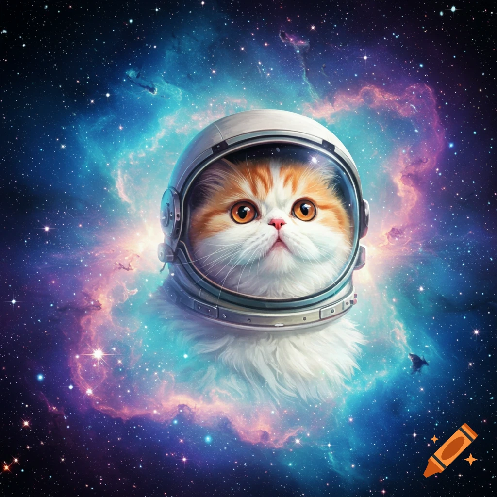 A fluffy cat in an astronaut helmet floats in space surrounded by stars and a nebula.