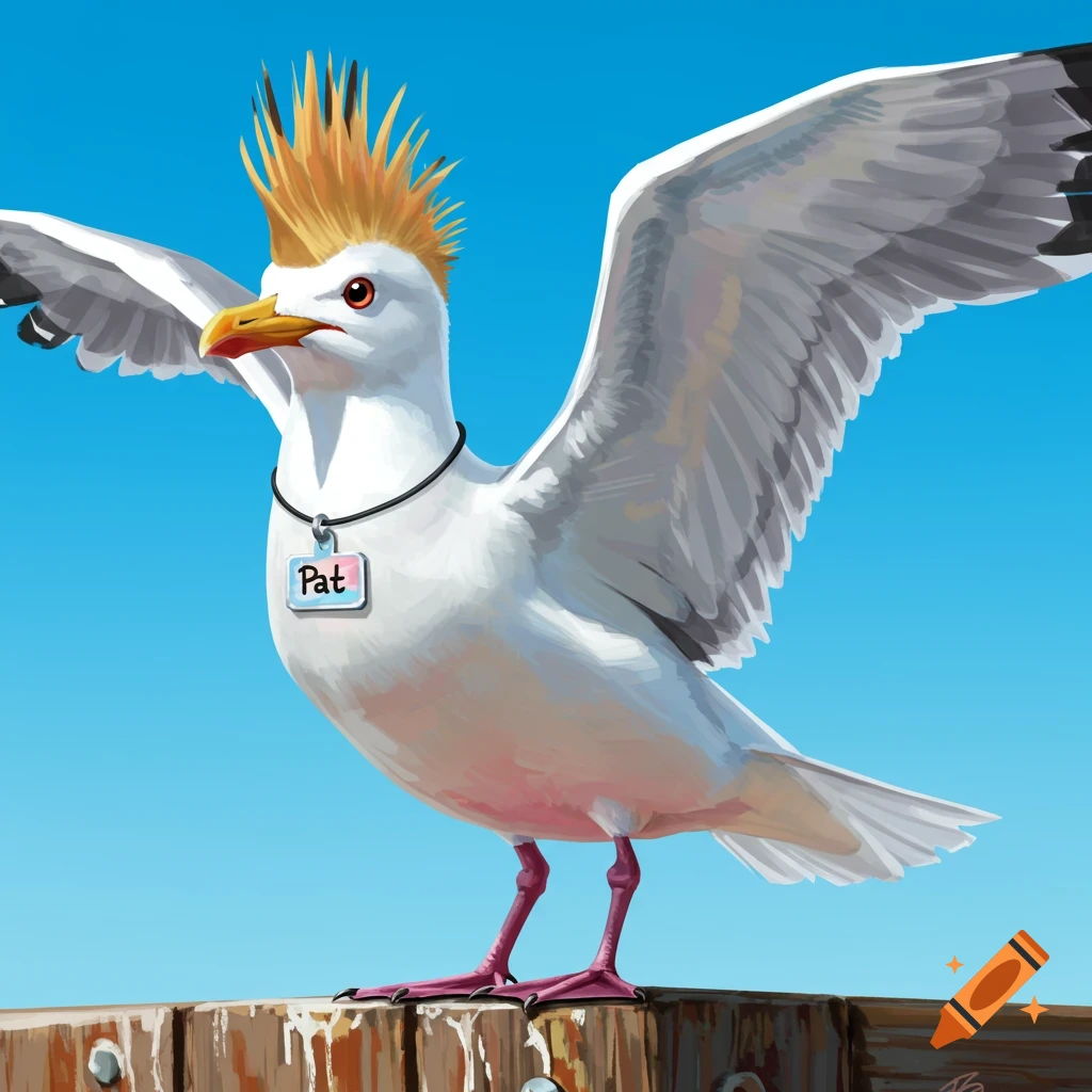 A seagull with a mohawk and a name tag that says Pat, perched on a wooden post.