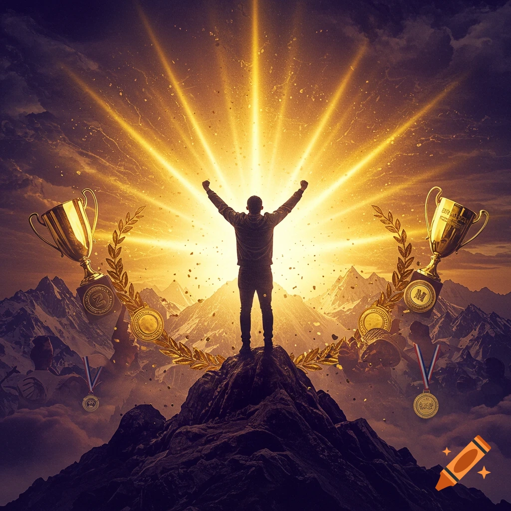 Silhouette of a person with arms raised on a mountain peak, surrounded by trophies and medals under dramatic golden light.