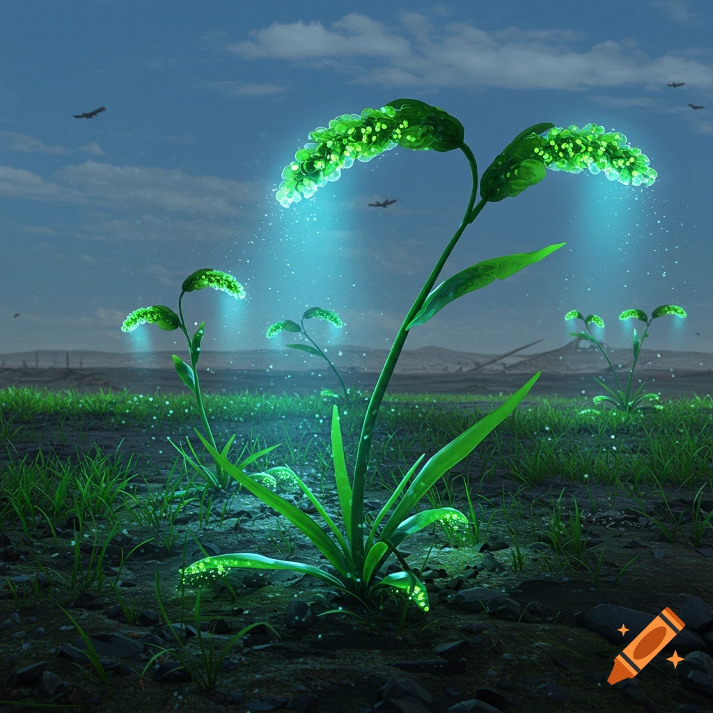 Glowing green plants in a field at twilight with birds flying.