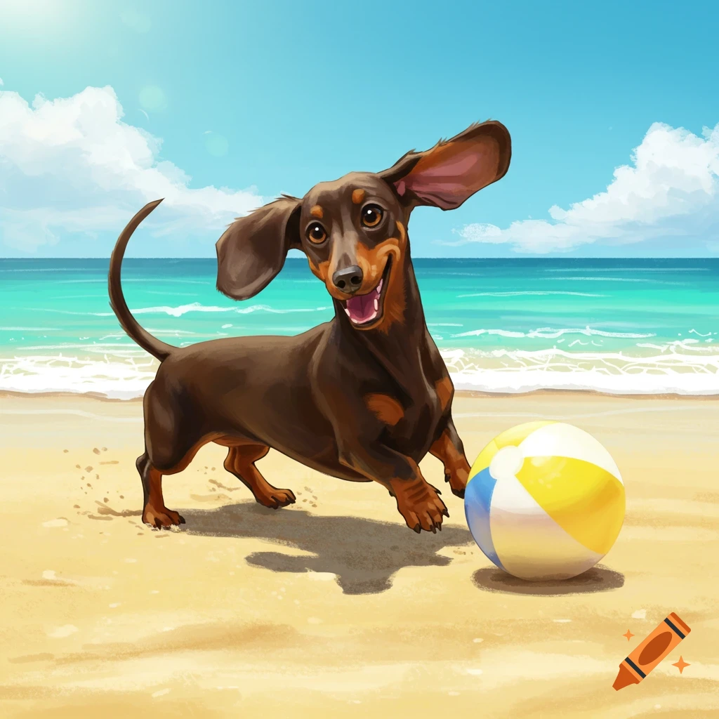 A dachshund dog running on a beach towards a ball.