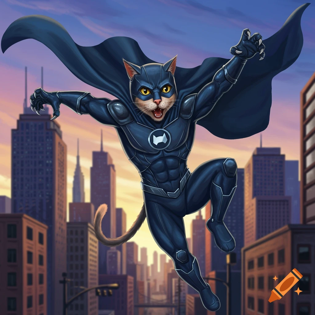 A superhero cat in a blue suit and cape flies over a city.