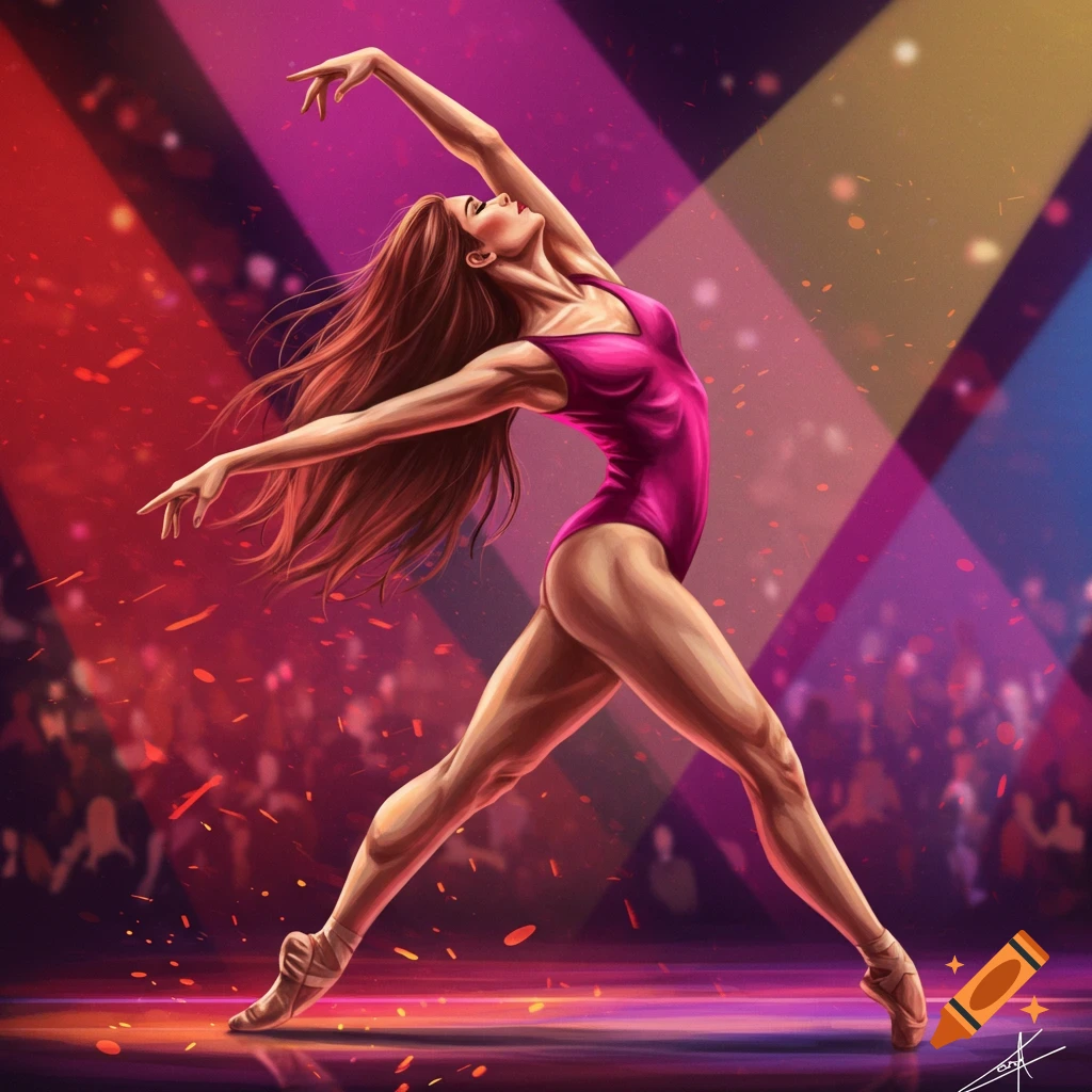A dancer in a pink leotard performing on a stage with spotlights.