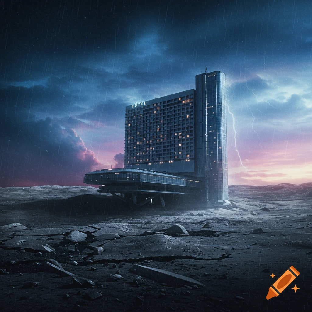 A futuristic hotel stands on a desolate, cracked landscape during a stormy night with lightning.