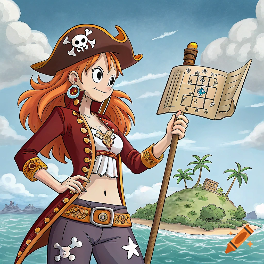 Anime pirate girl with orange hair holding a map on a tropical island.