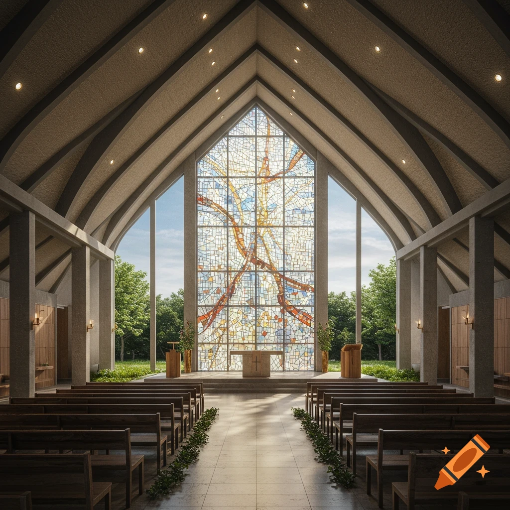 Interior view of a contemporary church with a large stained glass window