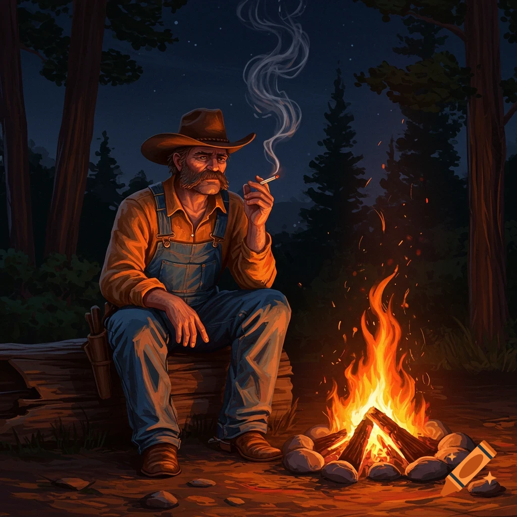 A cowboy sits by a campfire in a forest at night, smoking a cigarette.