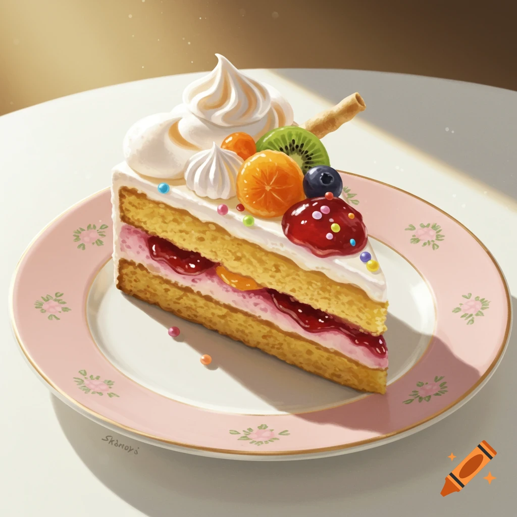 A slice of cake with frosting, fruit, meringue, sprinkles, and jam on a pink plate.