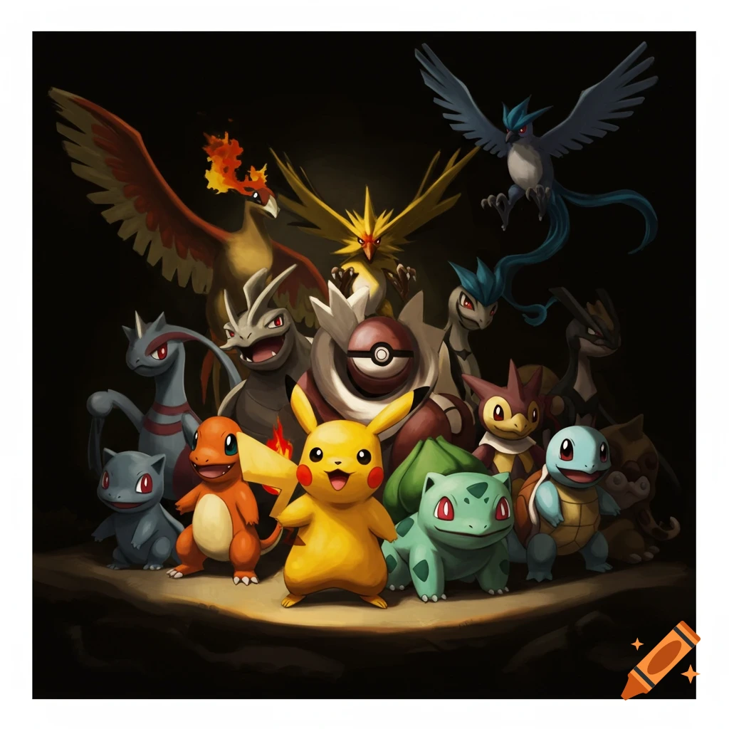 A group of original Pok
emon characters including Pikachu, Charmander, Squirtle, Bulbasaur, and legendary birds with dramatic lighting.