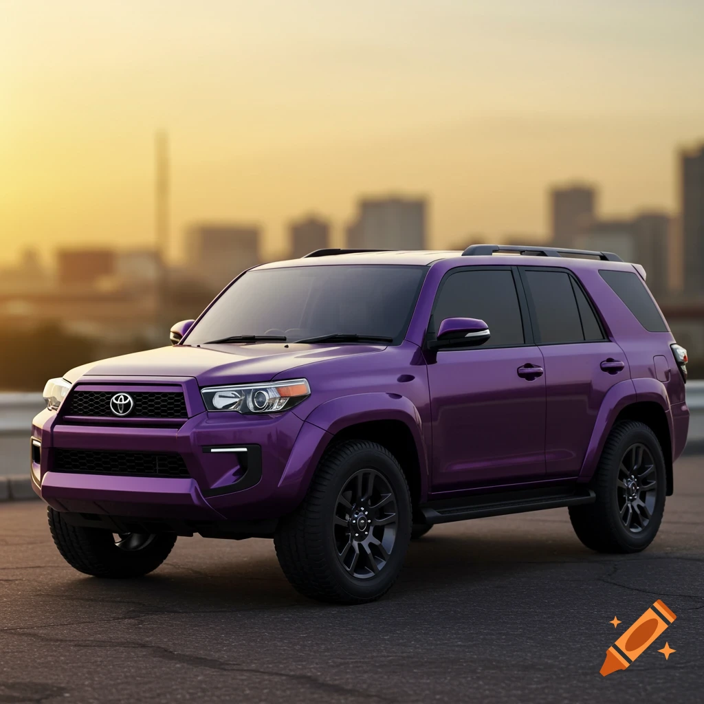 Purple Toyota SUV parked outdoors with blurred city background at sunset.