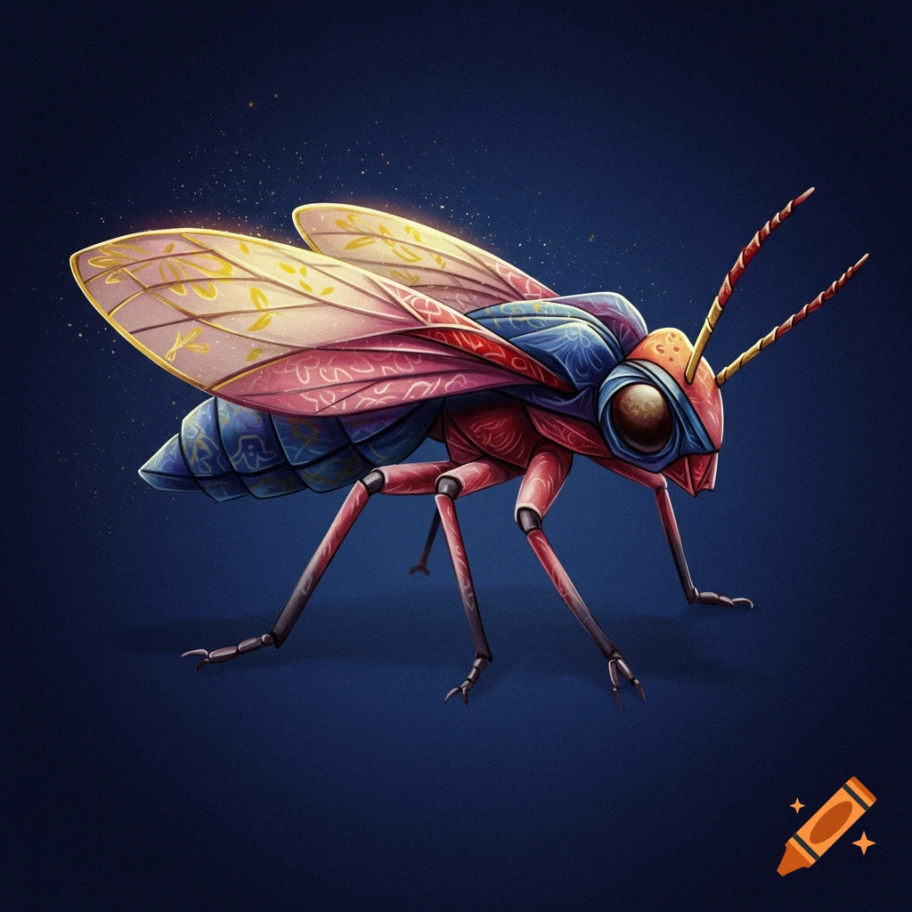 A stylized insect with patterned wings and body