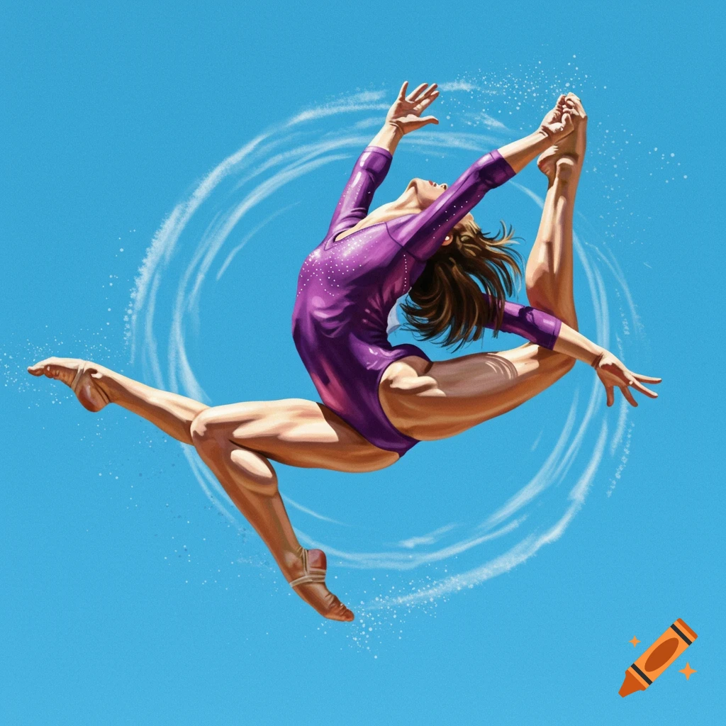 A gymnast in a purple leotard performing a split leap against a blue background with a white swirl.