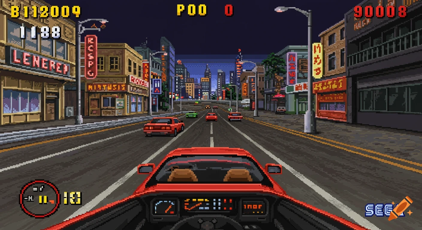 Retro pixel art screenshot of a car driving down a city street at night in a racing video game.