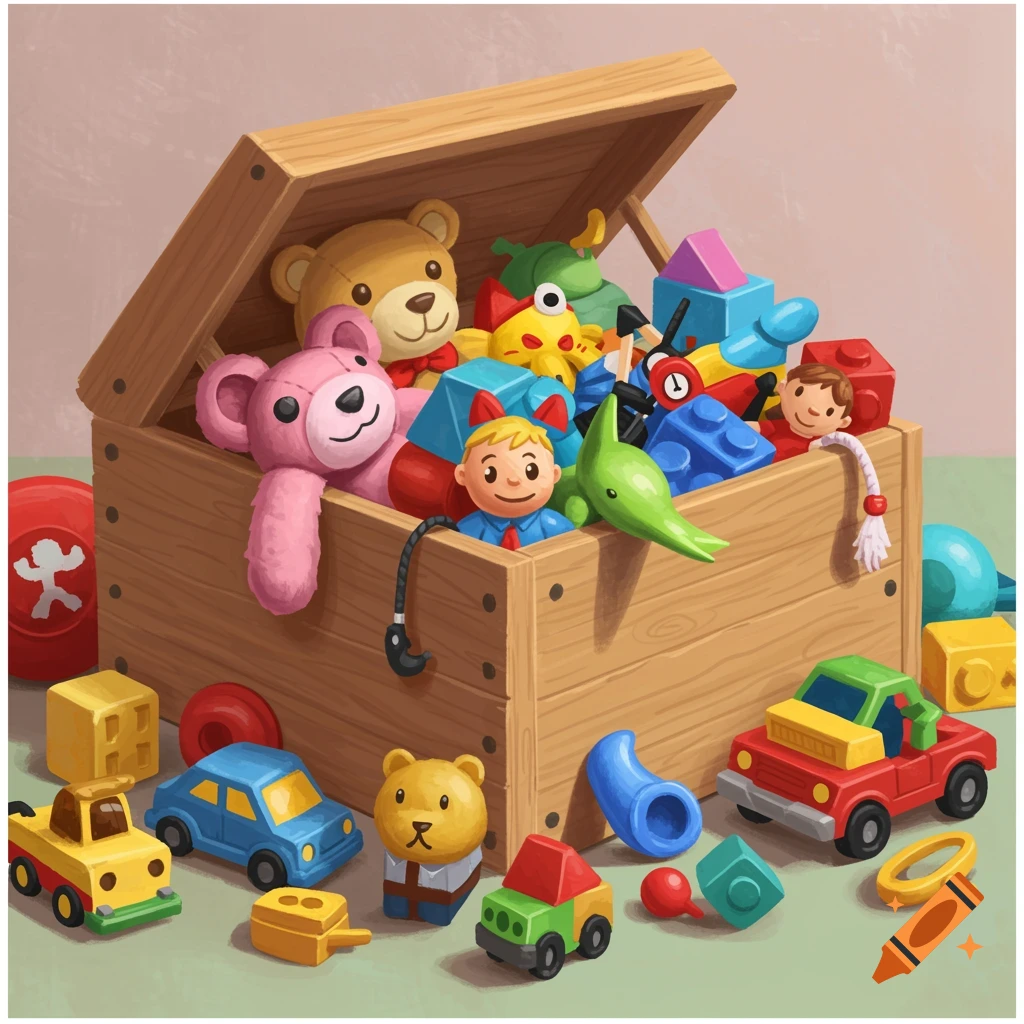 A wooden toy box overflowing with colorful toys: bears, cars, blocks, and dolls.