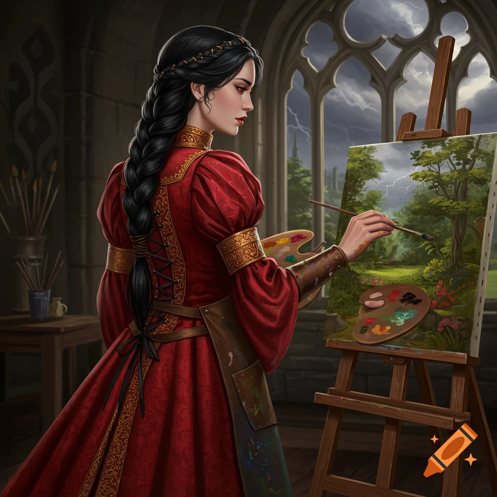 A medieval woman in a red dress paints a stormy landscape on an easel by a large window.