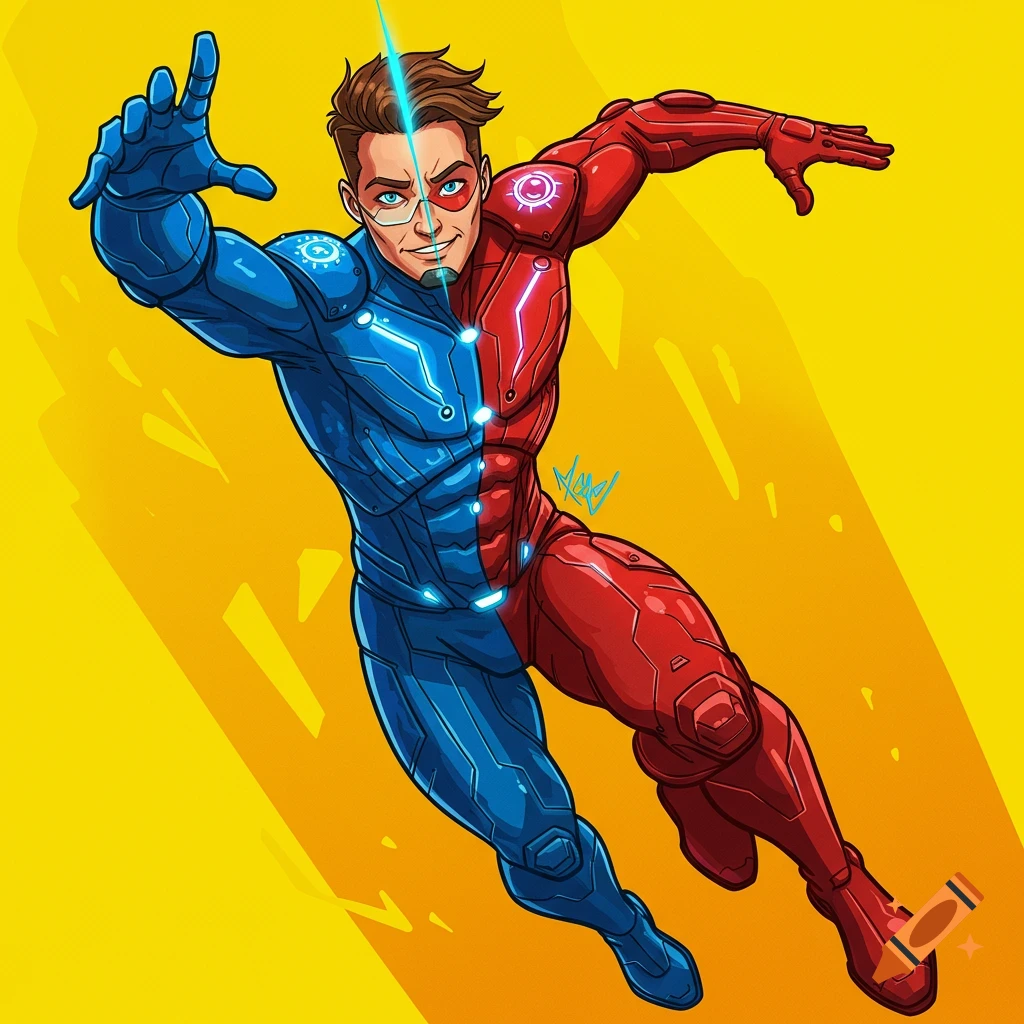 A superhero in a split red and blue suit striking a dynamic pose.