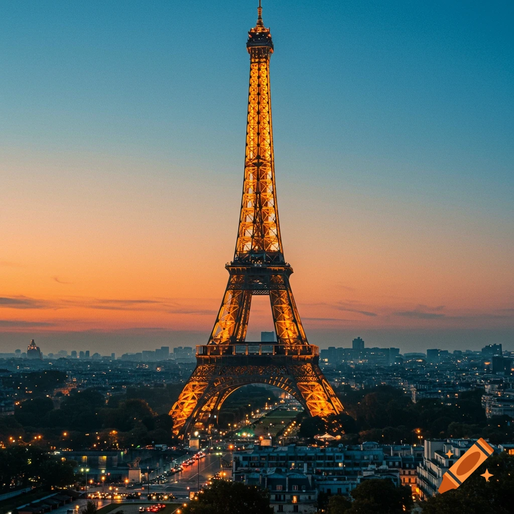 Eiffel Tower illuminated at sunset over a city skyline