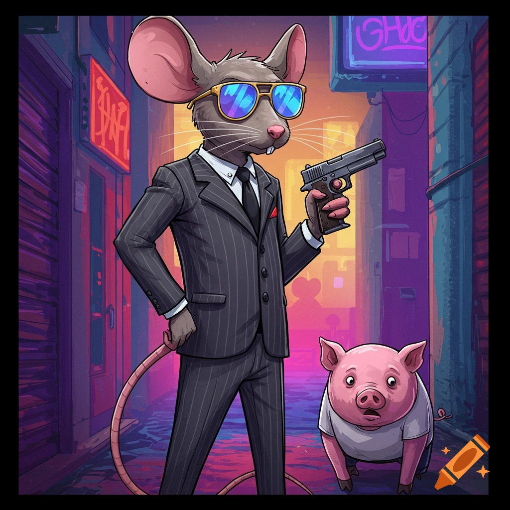 Cartoon mouse in suit and sunglasses points gun at pig in t-shirt in neon alley.