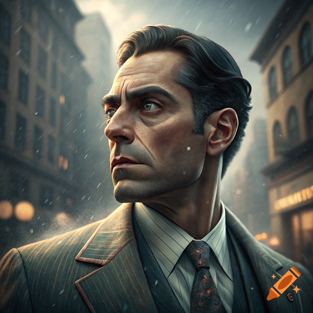 Photorealistic portrait of a man in a pinstripe suit in the rain