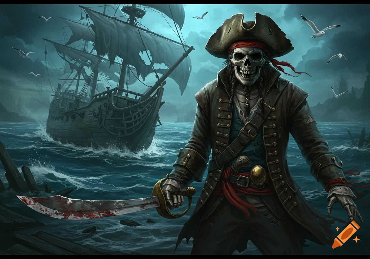 A skeleton pirate holds a bloody sword in front of a damaged ship at sea.