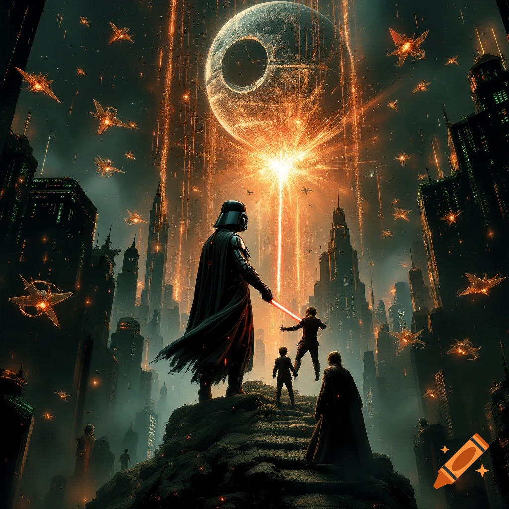 Darth Vader stands on a rock overlooking a battle in a dark city under the Death Star.