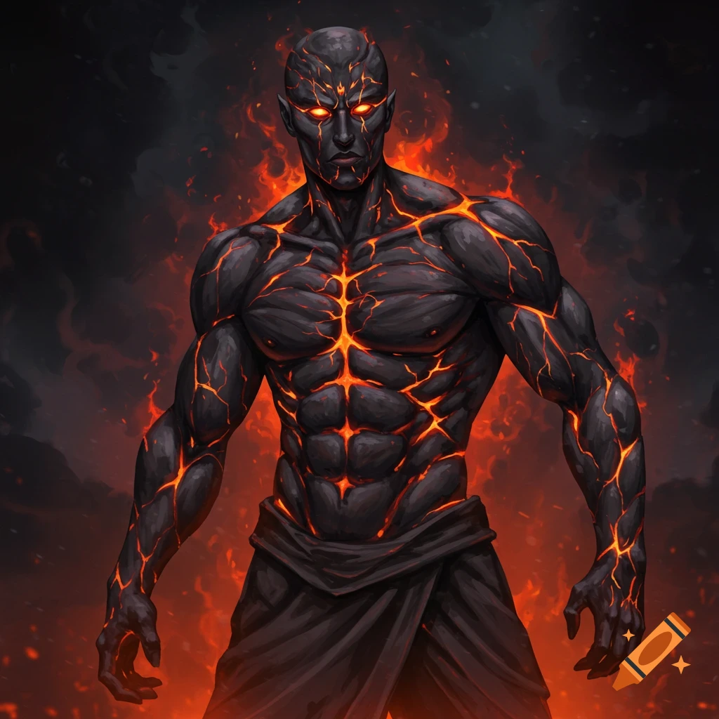 Powerful humanoid figure with dark, cracked skin glowing with lava, standing in fire and smoke.