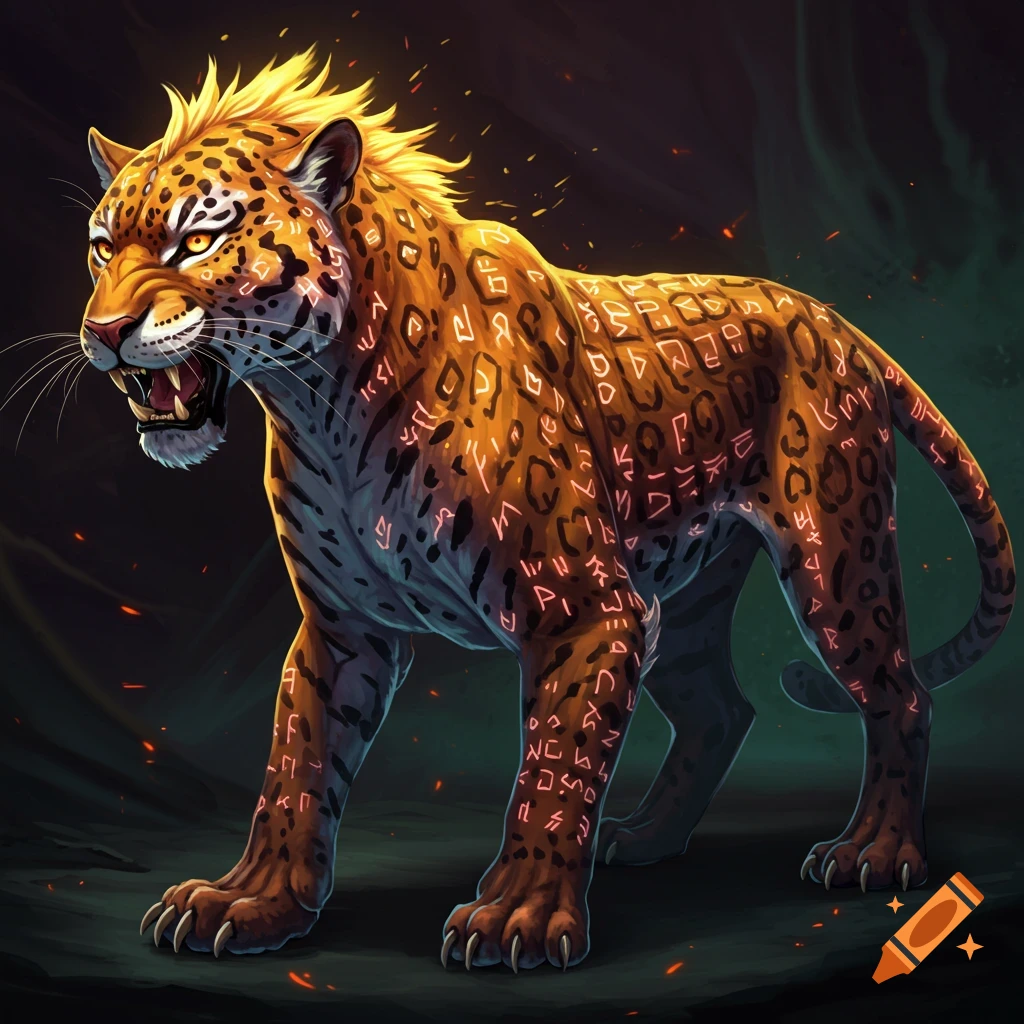 A snarling fantasy jaguar with glowing orange runes on its fur.
