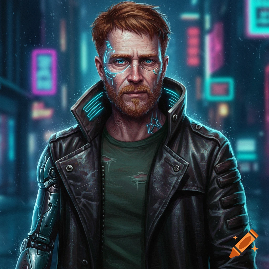 A man with glowing implants stands in a rainy city.