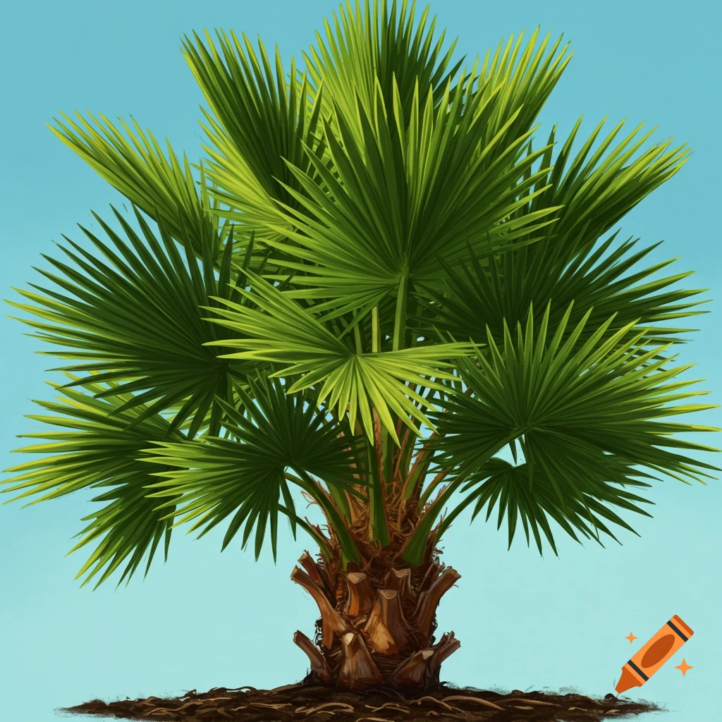 A fan palm tree with bright green fronds against a blue sky.