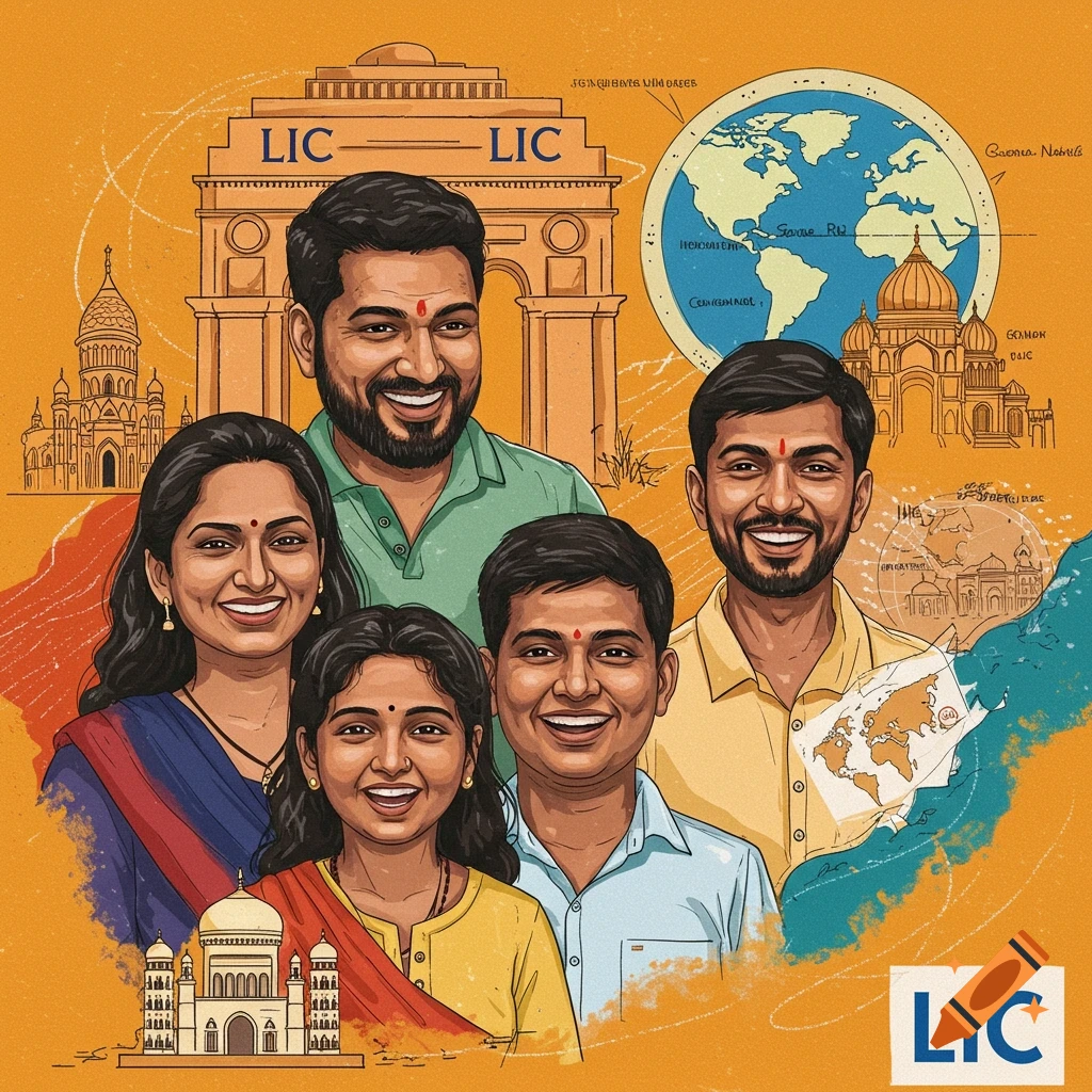 Illustration of an Indian family smiling in front of landmarks like India Gate and Taj Mahal, with a globe.